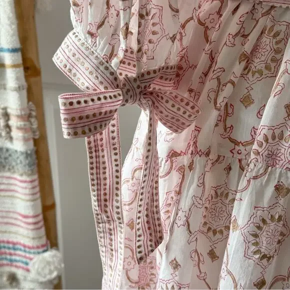 Bell by Alicia Bell Lucy Pink Gold Motif White Puff Sleeves Wrap Mini Dress XS - Picture 10 of 16